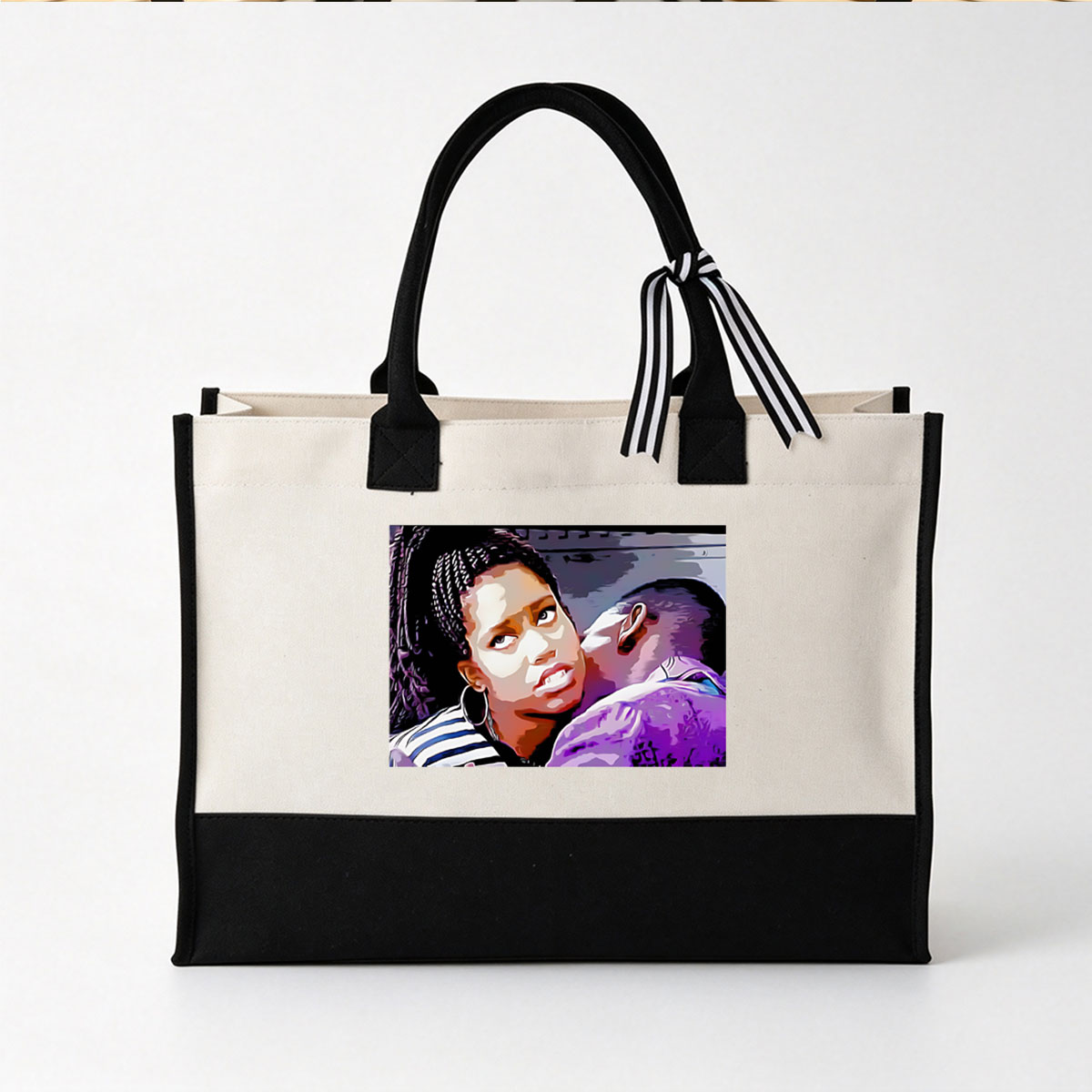 Woman with Braids and Man in Purple Shirt, Close-Up Portrait - Canvas patchwork gift tote bag