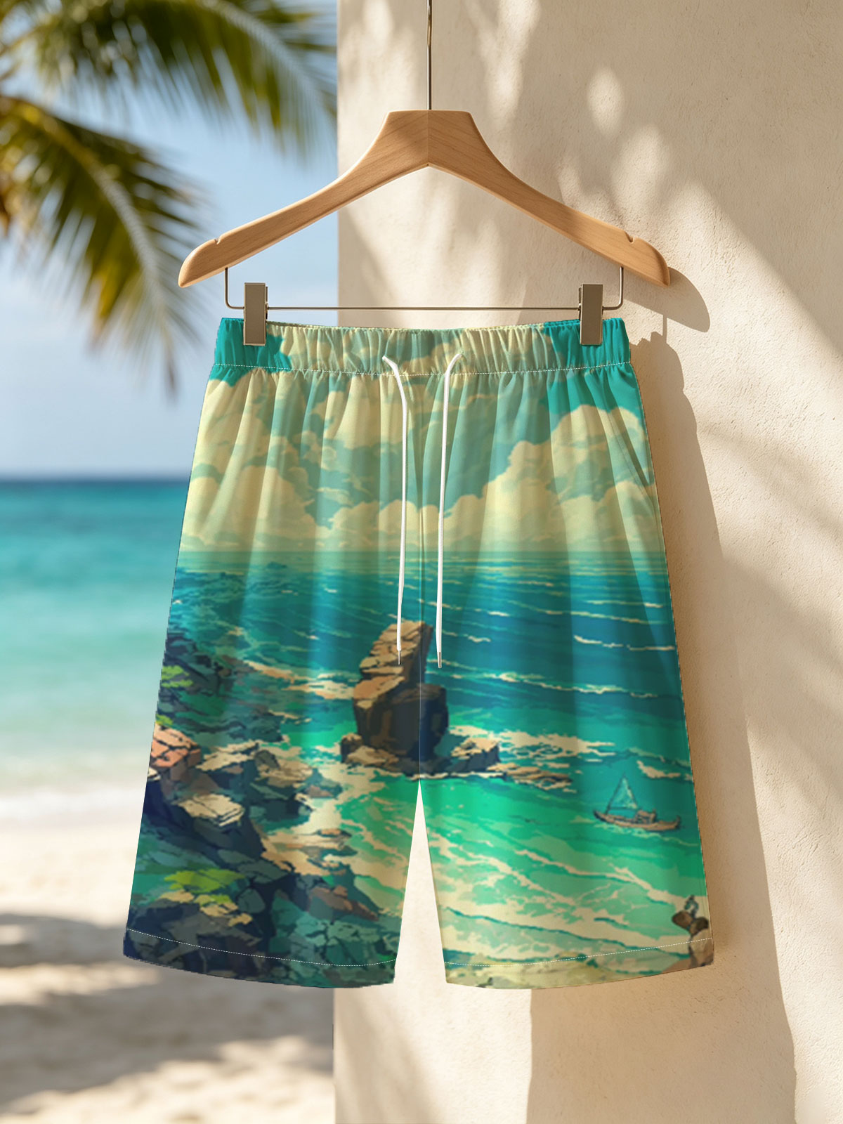 Coastal Landscape with Rocky Shore and Sailboat -  Beach shorts