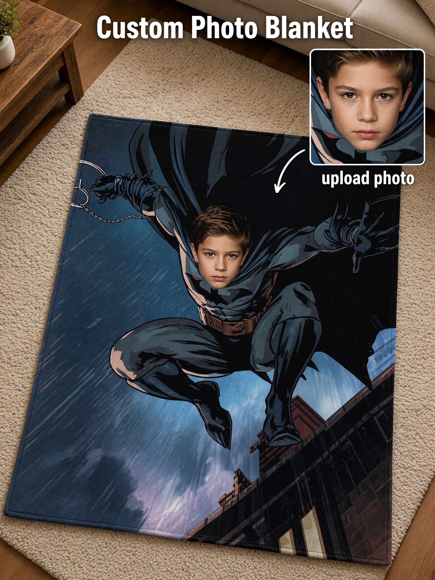 Custom Superhero Face Photo Blanket Personalized Flannel Fleece Throw for Bed Couch Skin Friendly Warm Comic Gift
