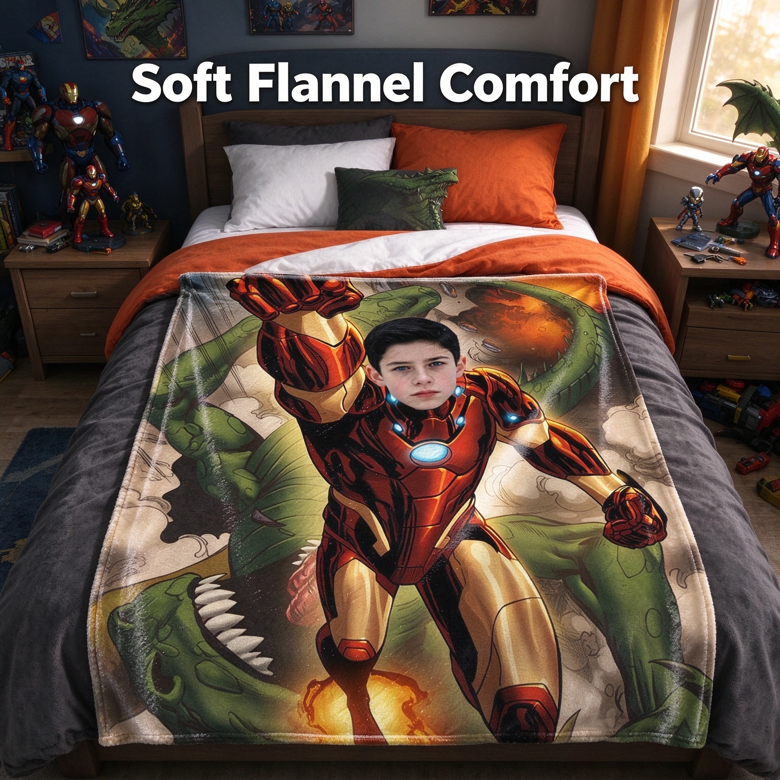 Custom Face Superhero Flannel Blanket Personalized Comic Book Photo Throw Soft Plush Fleece Bedding Gift for Kids