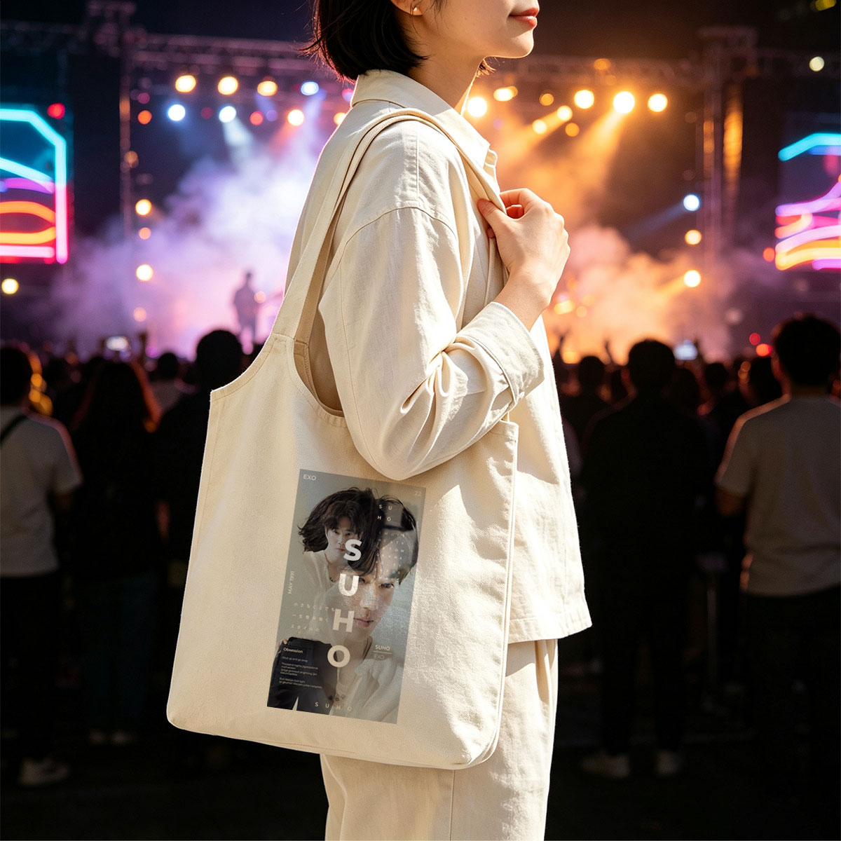 EXO Suho in a Minimalist Portrait with Overlaid Text and Soft Lighting - Canvas shoulder bags/
