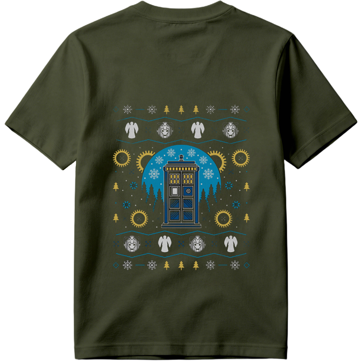 Doctor Who Christmas Sweater Design Featuring TARDIS, Weeping Angels, and Cybermen - Tee