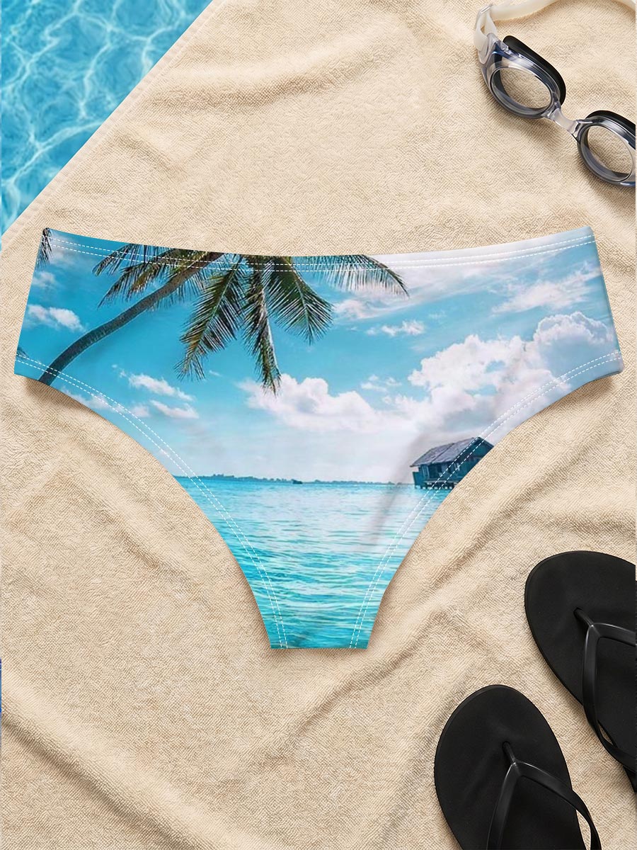 Tropical paradise with palm trees and overwater bungalows in crystal clear blue waters. -  Men's swim trunks