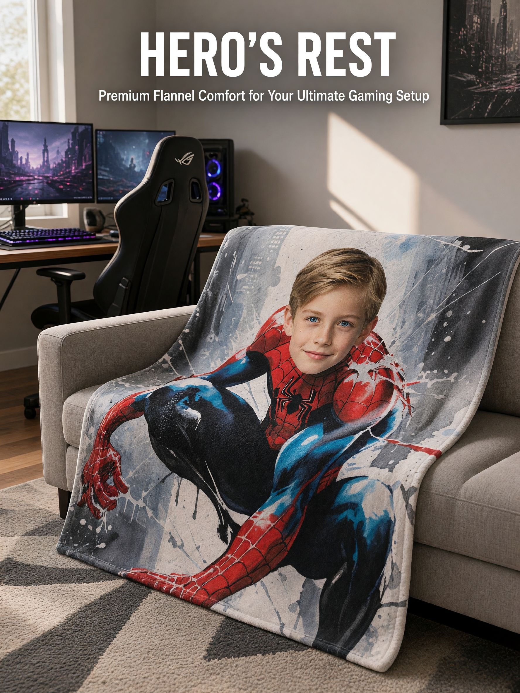 Custom Face Superhero Flannel Throw Blanket Ultra Soft Personalized Photo Fleece Blanket for Kids Birthday Gift