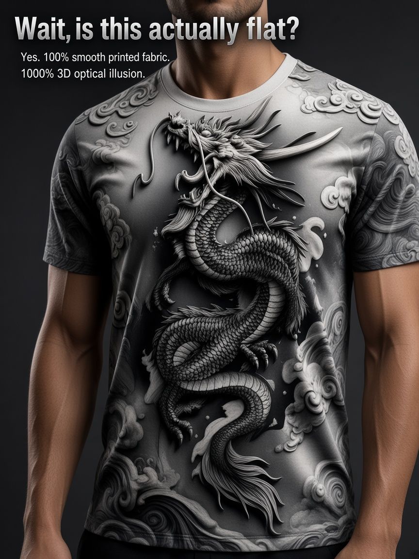 Chinese Dragon Relief 3D Optical Illusion Graphic Tee Breathable Athletic Mesh T-Shirt Casual And Sports Wear