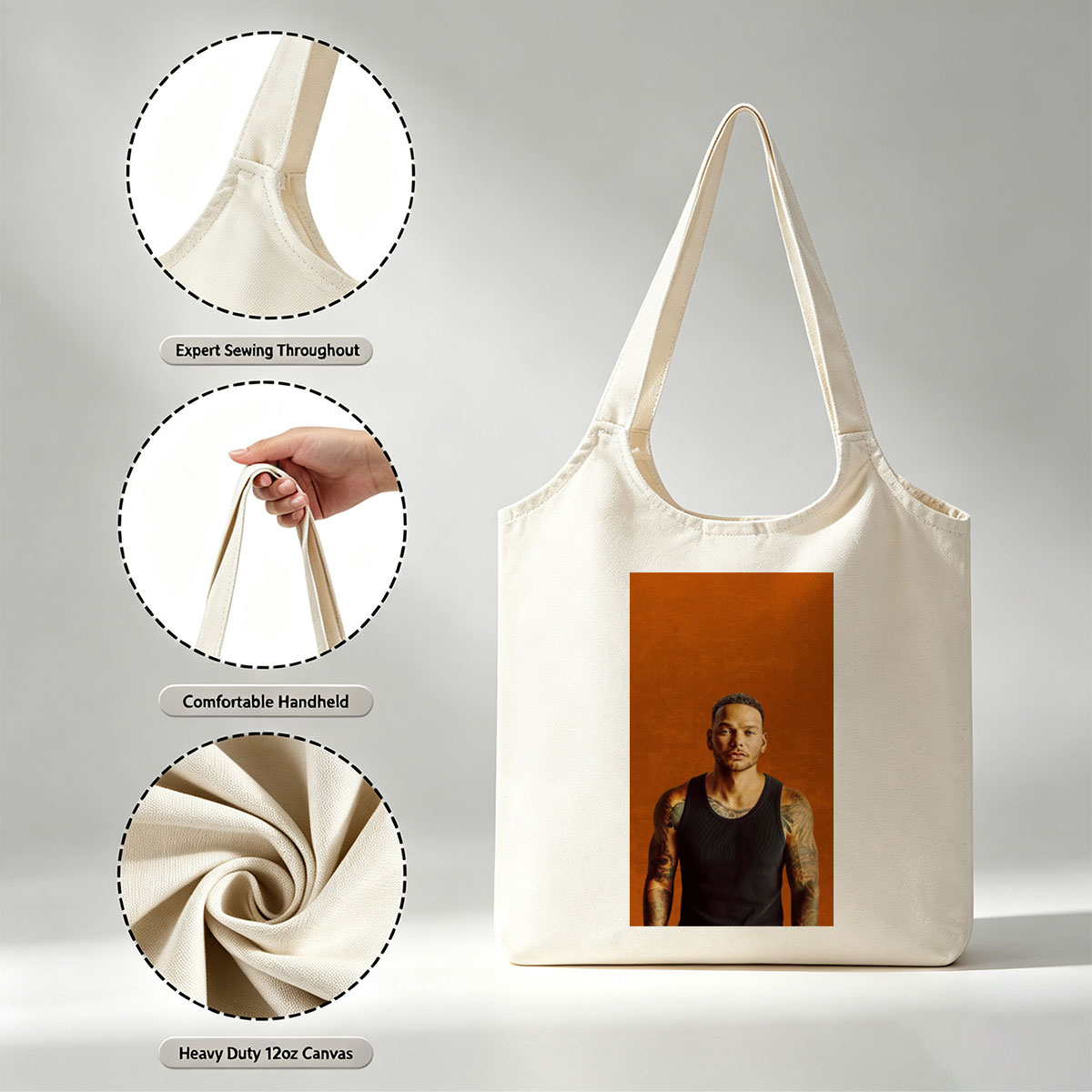 Liam Payne Standing in Black Tank Top with Visible Tattoos Against Orange Background - Canvas shoulder bags/