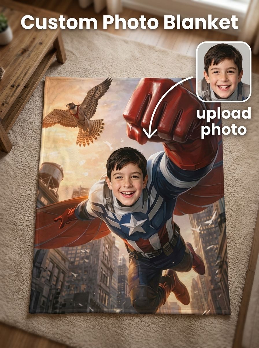 Personalized Superhero Face Photo Blanket Ultra Soft Flannel Fleece Throw Cozy Custom Keepsake Gift for Kids and Adults