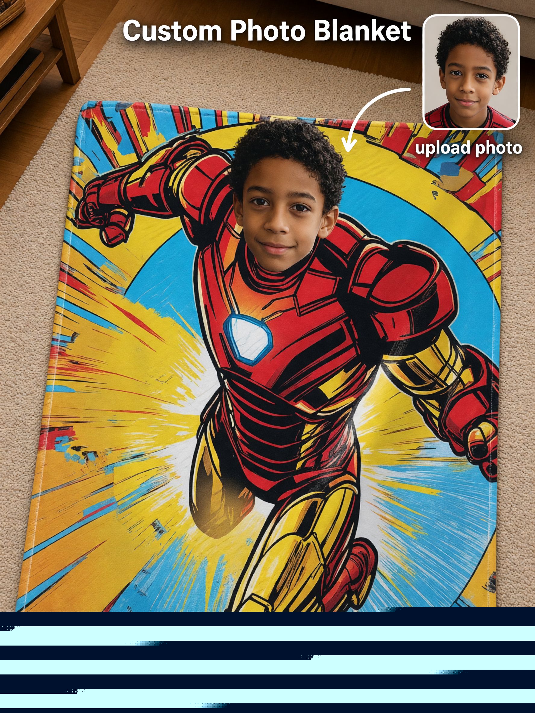 Custom Photo Face Superhero Flannel Blanket, Personalized Comic Armor Soft Warm Throw Blanket, Unique Birthday Gift
