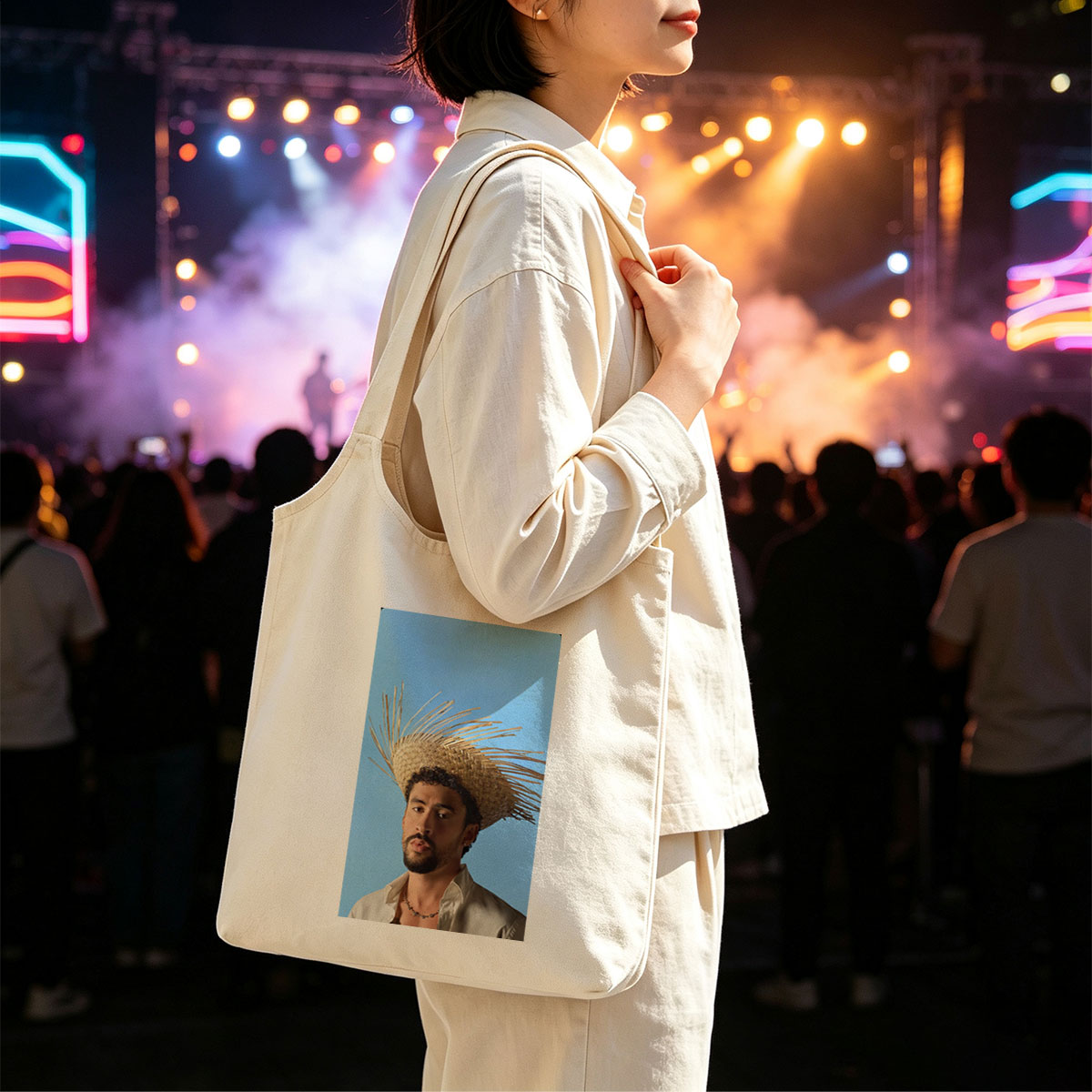 Bad Bunny Wearing a Straw Hat with Spiky Design Against a Blue Background - Canvas shoulder bags/