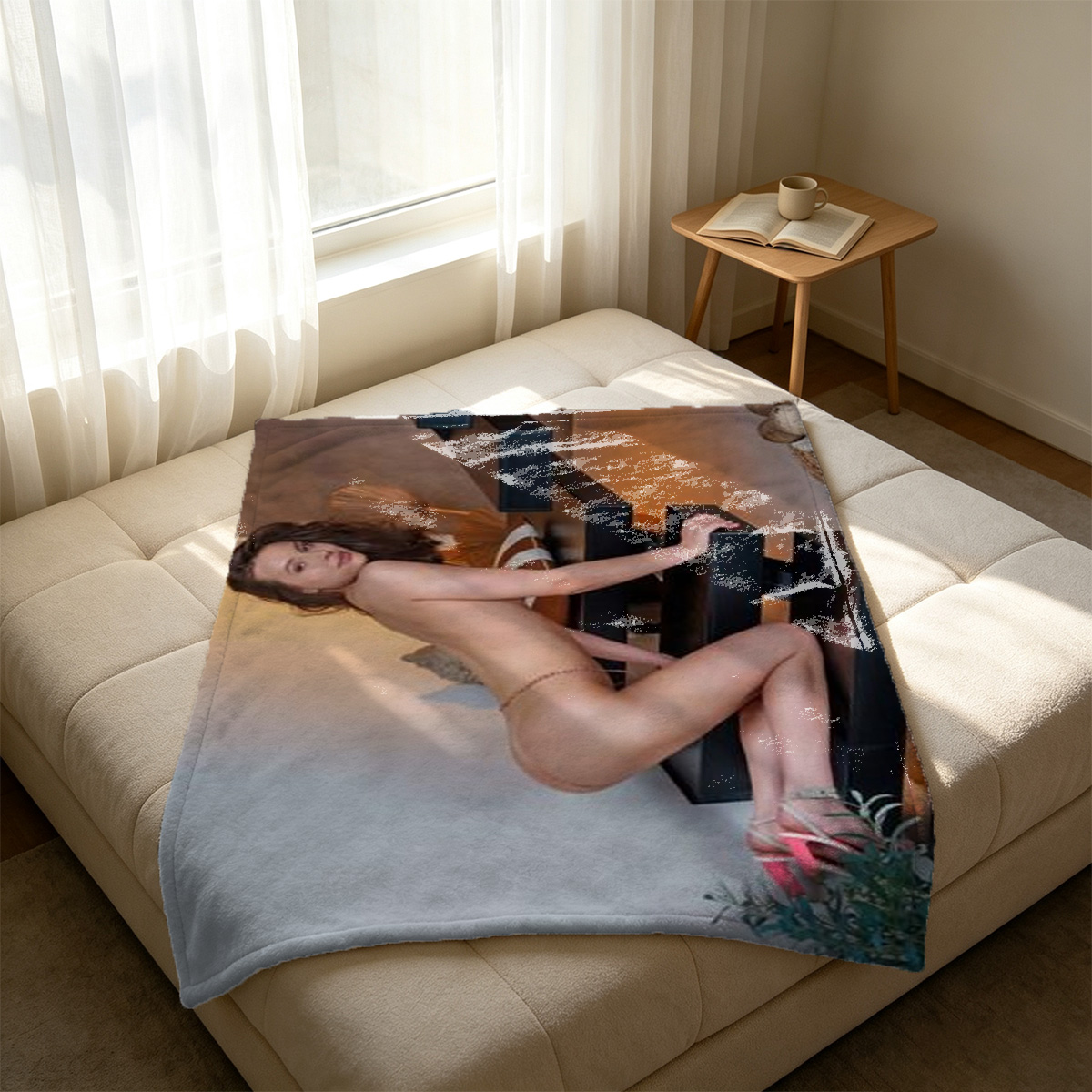 Blonde in black sheer lingerie writing on couch - Blanket