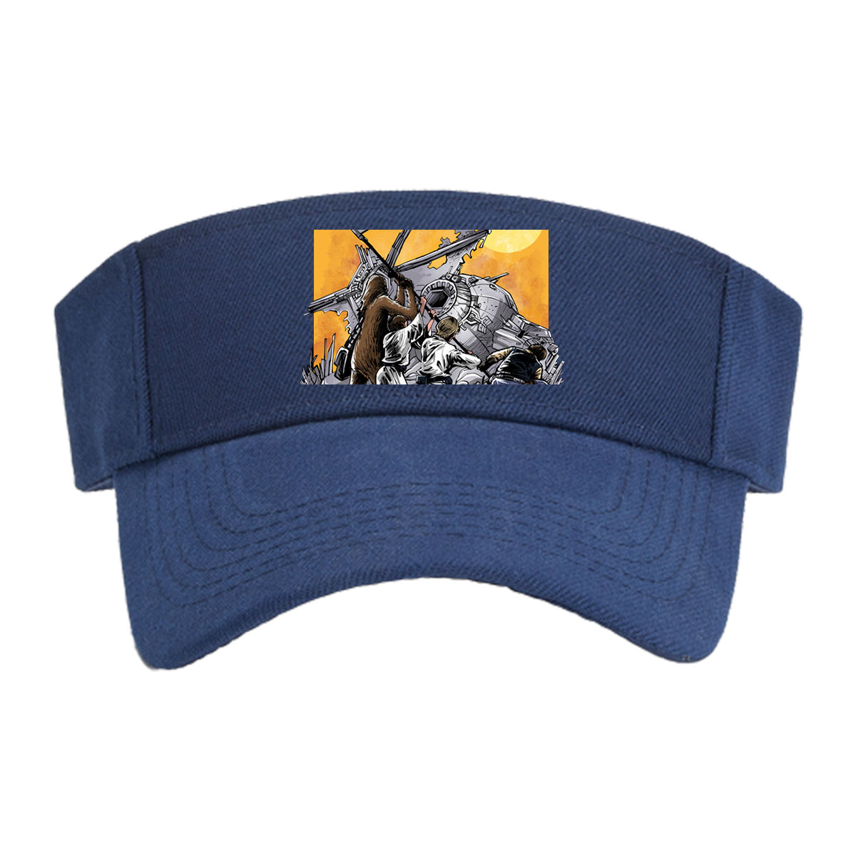 Rebel Alliance: Chewbacca, Luke Skywalker, Han Solo, and Princess Leia Rally Around the Millennium Falcon Amidst a Desert Battle Scene -  Visor cap