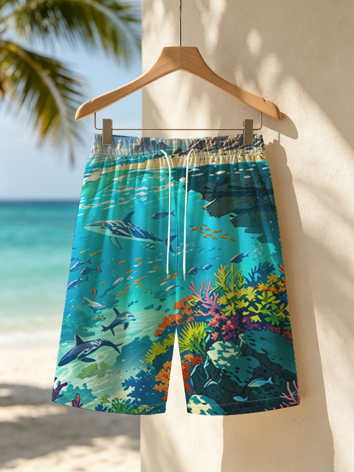 Vibrant Coral Reef with Dolphins and Tropical Fish -  Beach shorts