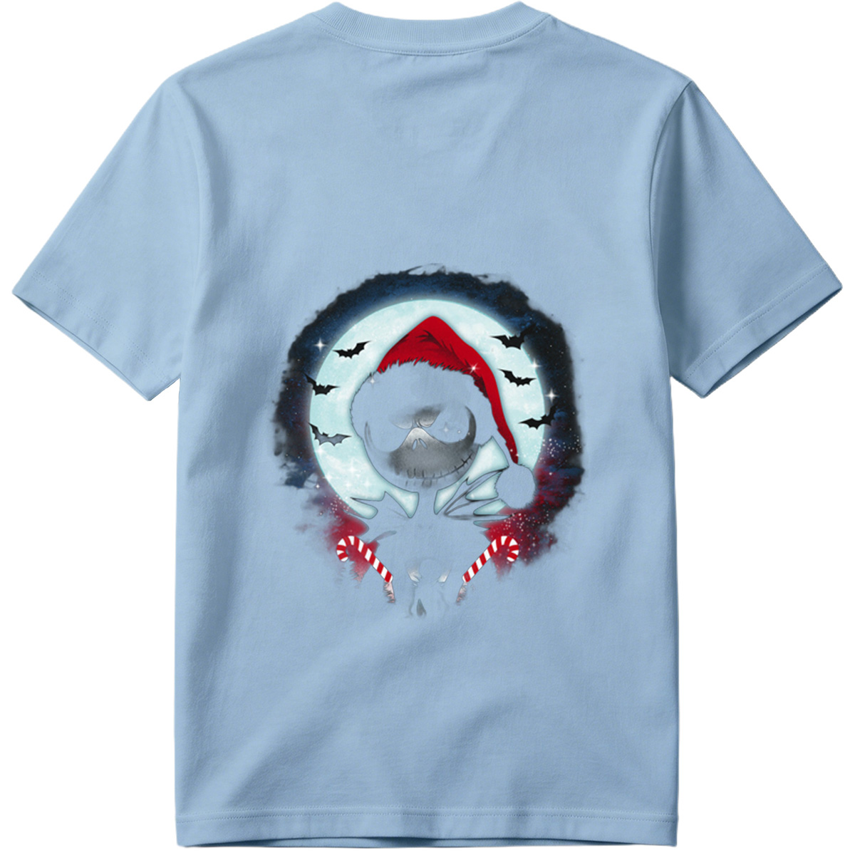 Jack Skellington in Santa Hat with Candy Canes Against Moonlit Sky - Tee
