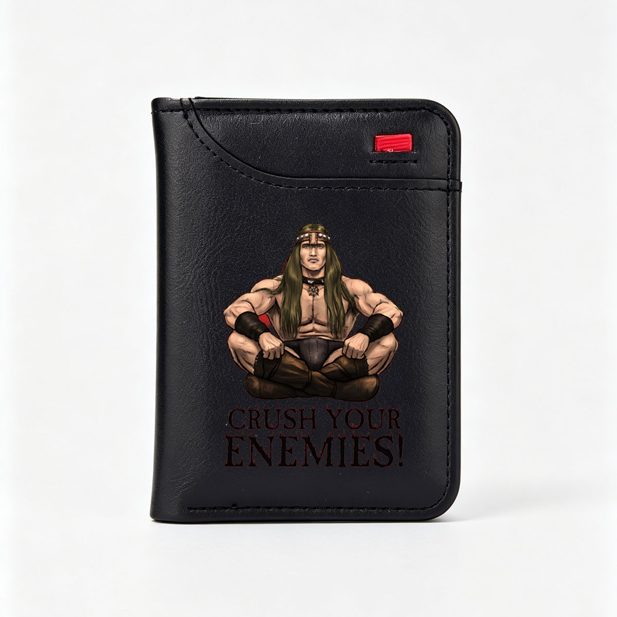 Crush Your Enemies: Muscular Warrior with Long Hair and Tribal Attire - Vertical Style Wallet