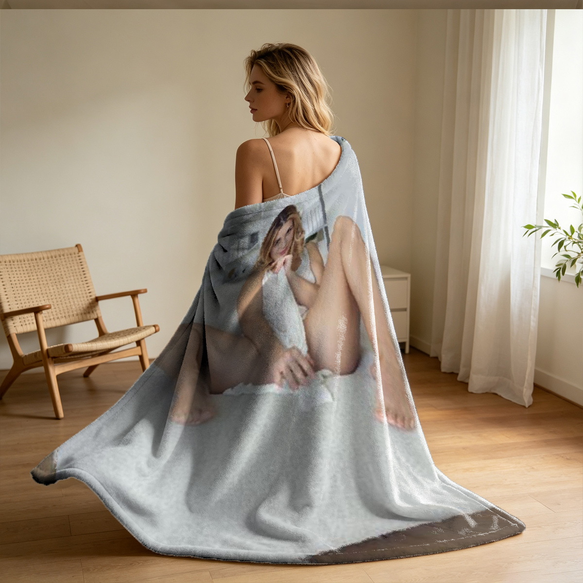 Margot Robbie as a glamorous maid dusting furniture in a luxurious room. - Blanket