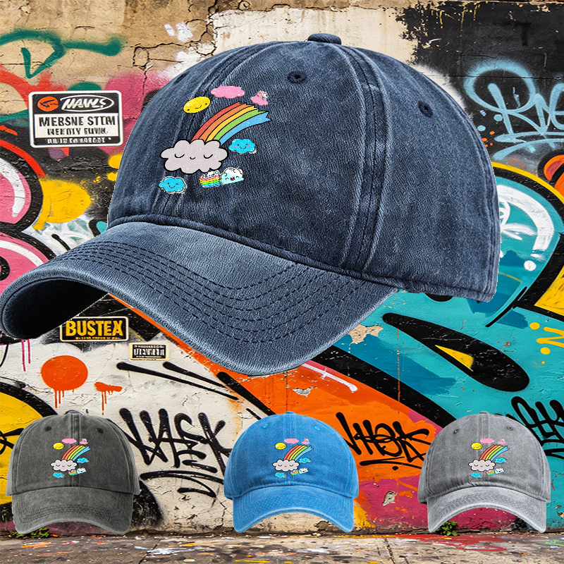 Unisex Classic Washed Cotton Hat with Rainbow Clouds and Sparkle Sun Print - Perfect for Outdoor Activities, Casual Wear, and Festival Outfits - Ideal for Teenagers and Young Adults Seeking Fun, Trendy Headwear