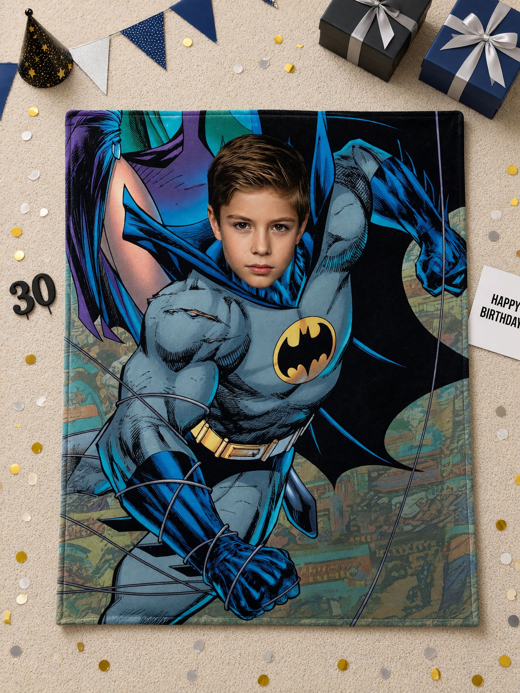 Personalized Superhero Face Photo Blanket, Ultra Soft Flannel Fleece Comic Throw, Unique Custom Birthday Keepsake Gift