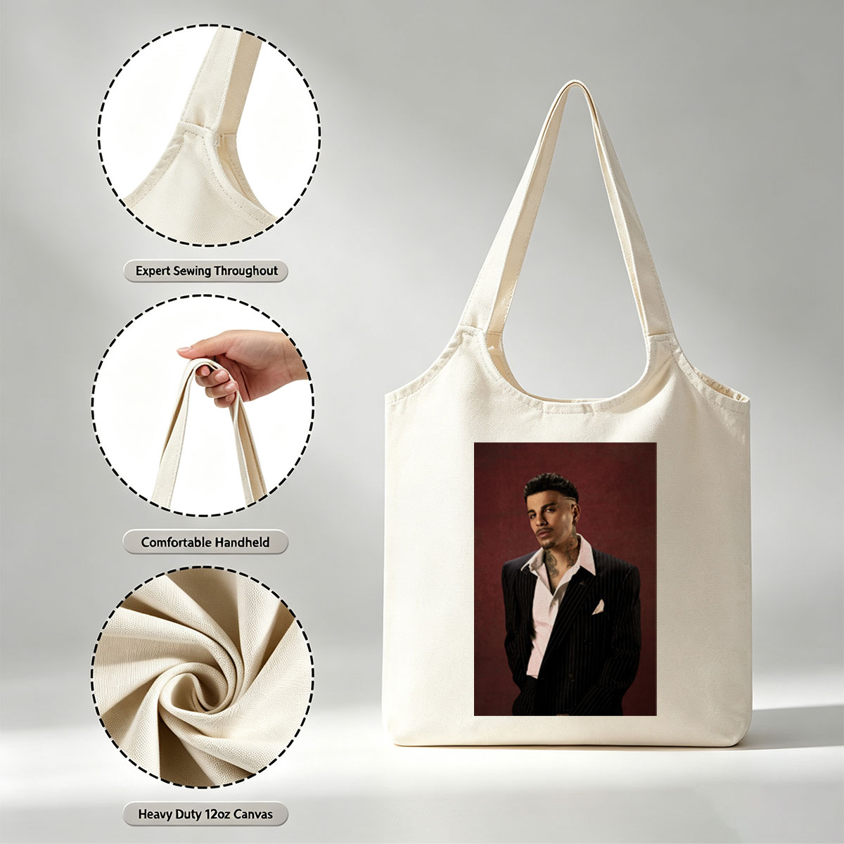 Maluma in a Pinstripe Suit Against a Deep Red Background - Canvas shoulder bags/