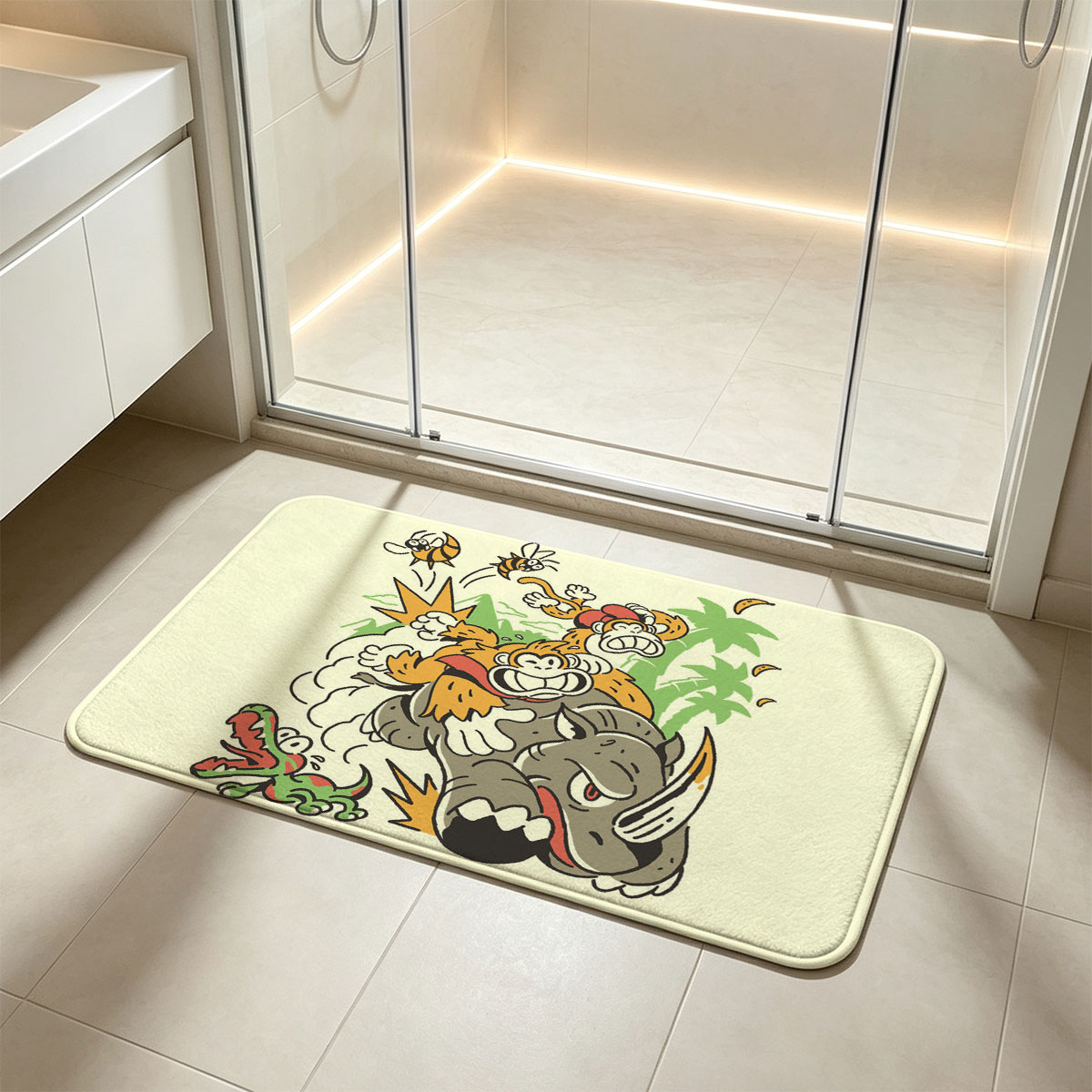 Diddy Kong and Donkey Kong Ride a Rhinoceros Through Jungle Chaos - Flannel floor mat
