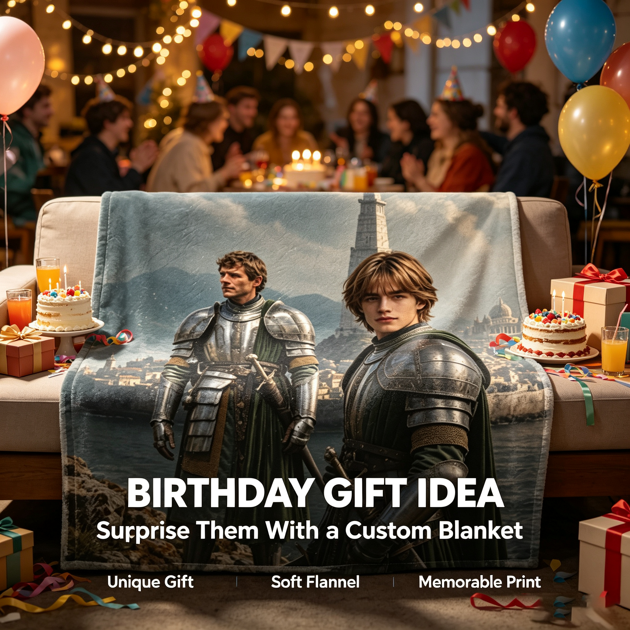 Custom Face Blanket Featuring Knights in Armor Standing on Cliffs with Medieval Cityscape Background Flannel Blanket Perfect for Couch or Bed Use Ideal Gift for Fantasy Lovers and Game of Thrones Fans