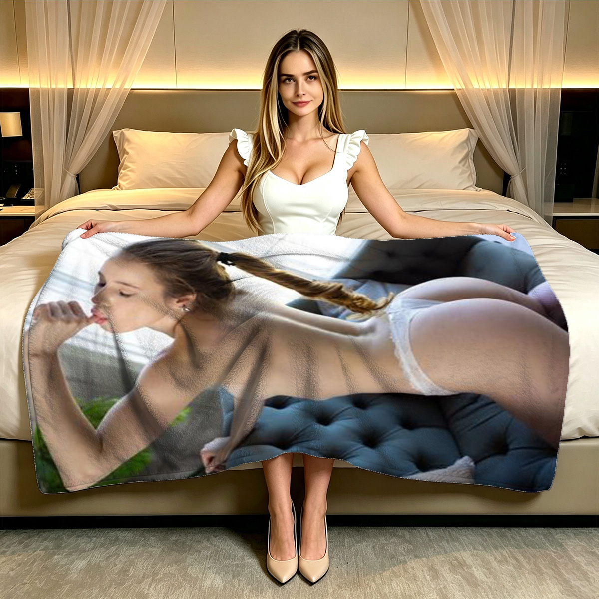 A seductive young Asian woman in white lace lingerie and thigh-high stockings kneeling on a luxury bed. - Blanket