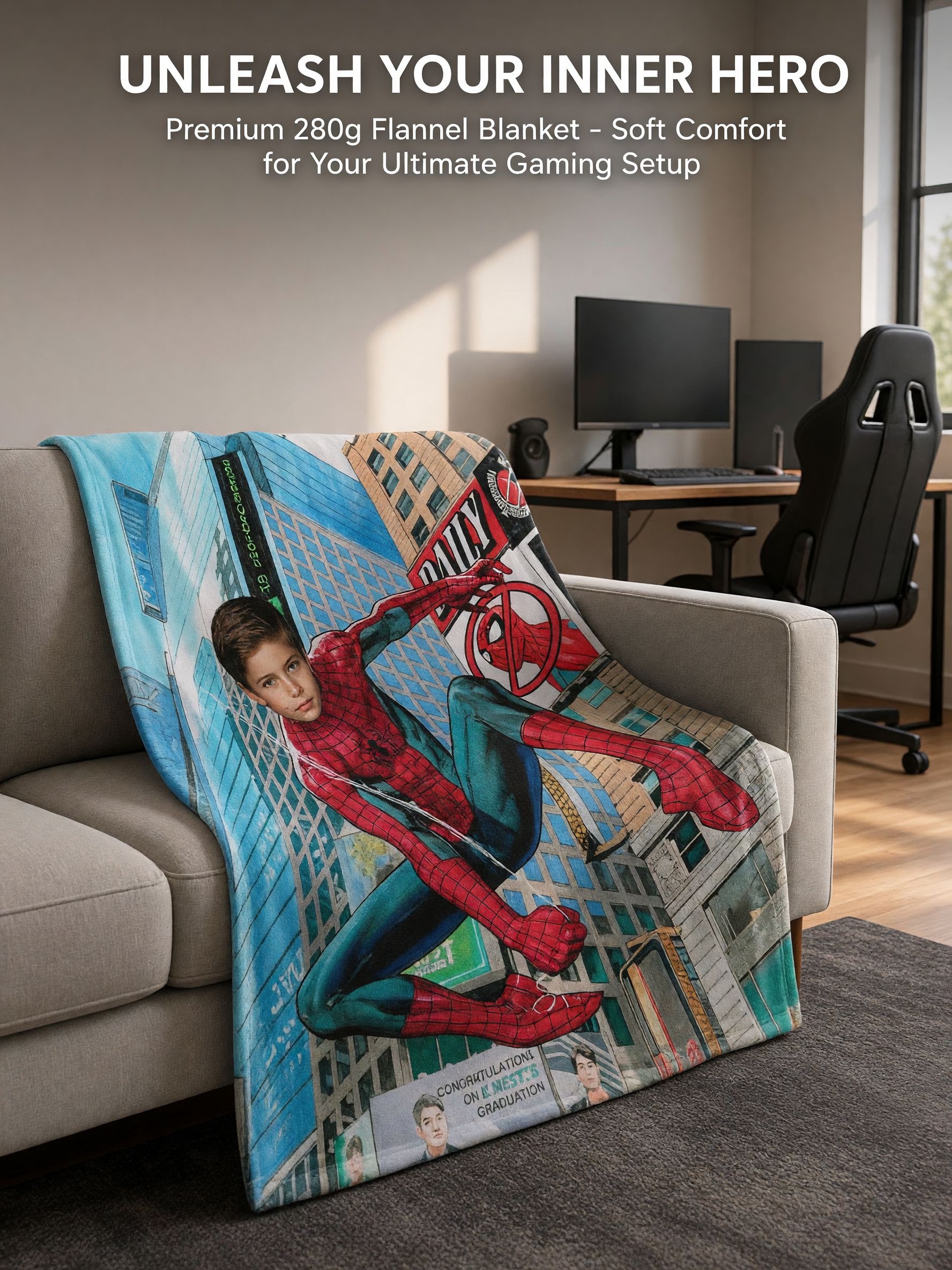 Personalized Superhero Face Photo Blanket Ultra Soft Flannel Fleece Throw Ideal Custom Gift