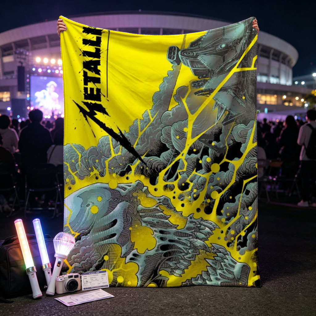 Metallica Band in Explosive Comic-Style Scene with Electric Yellow and Black Mechanical Chaos - Blankets