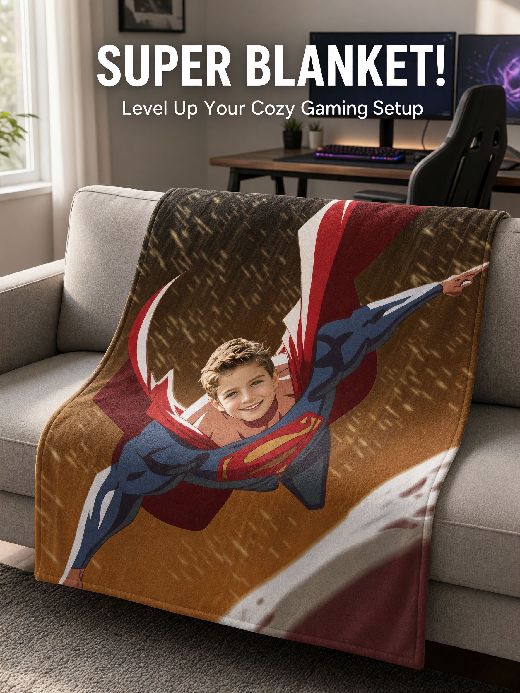 Custom Face Superhero Blanket Personalized Flannel Throw, Ultra Soft Comic Hero Fleece Bedding for Kids and Adults