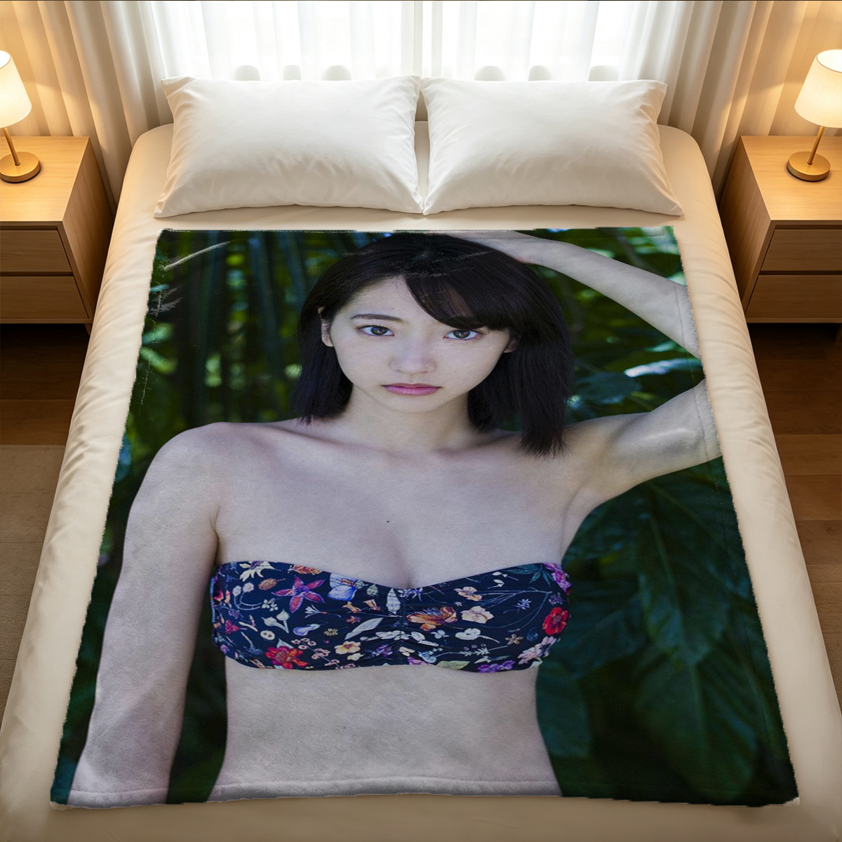 A young Asian woman with short black hair holding a painted nude torso canvas. - Blanket