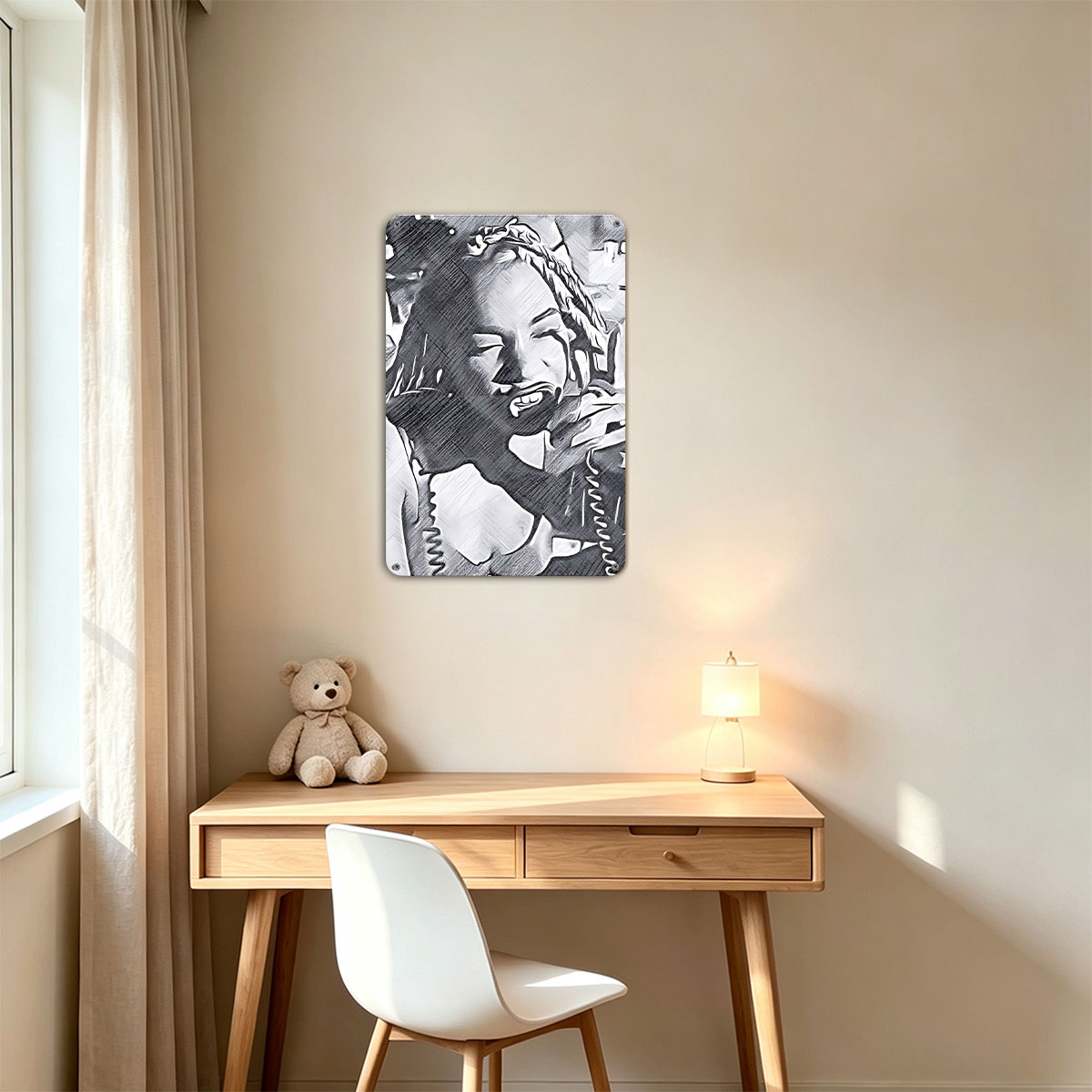 Woman Laughing with Braided Hair and Headphones - painting