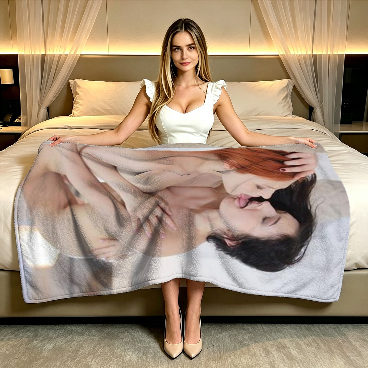 Nude woman posing on purple floor with orange pillows - Blanket