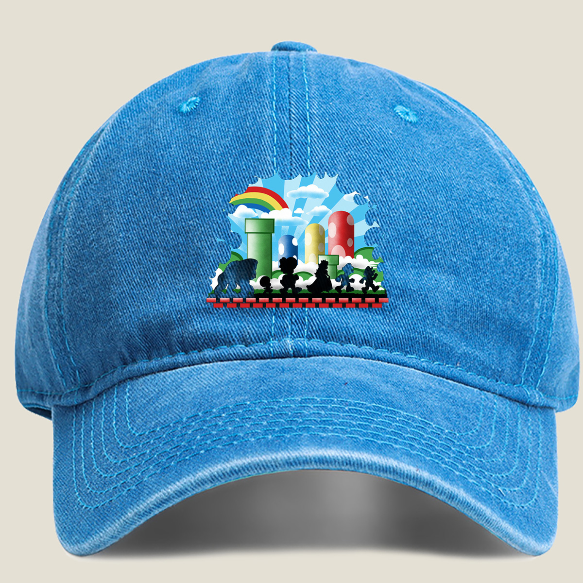 Super Mario Silhouettes: Koopa, Toad, Princess, Mario, and Luigi - Washed Denim - Baseball Cap