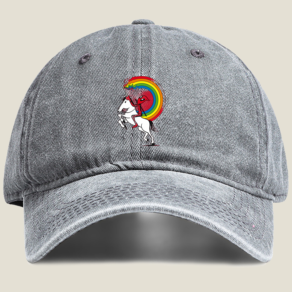 Unicorn Rider with Rainbow Trail - Washed Denim - Baseball Cap