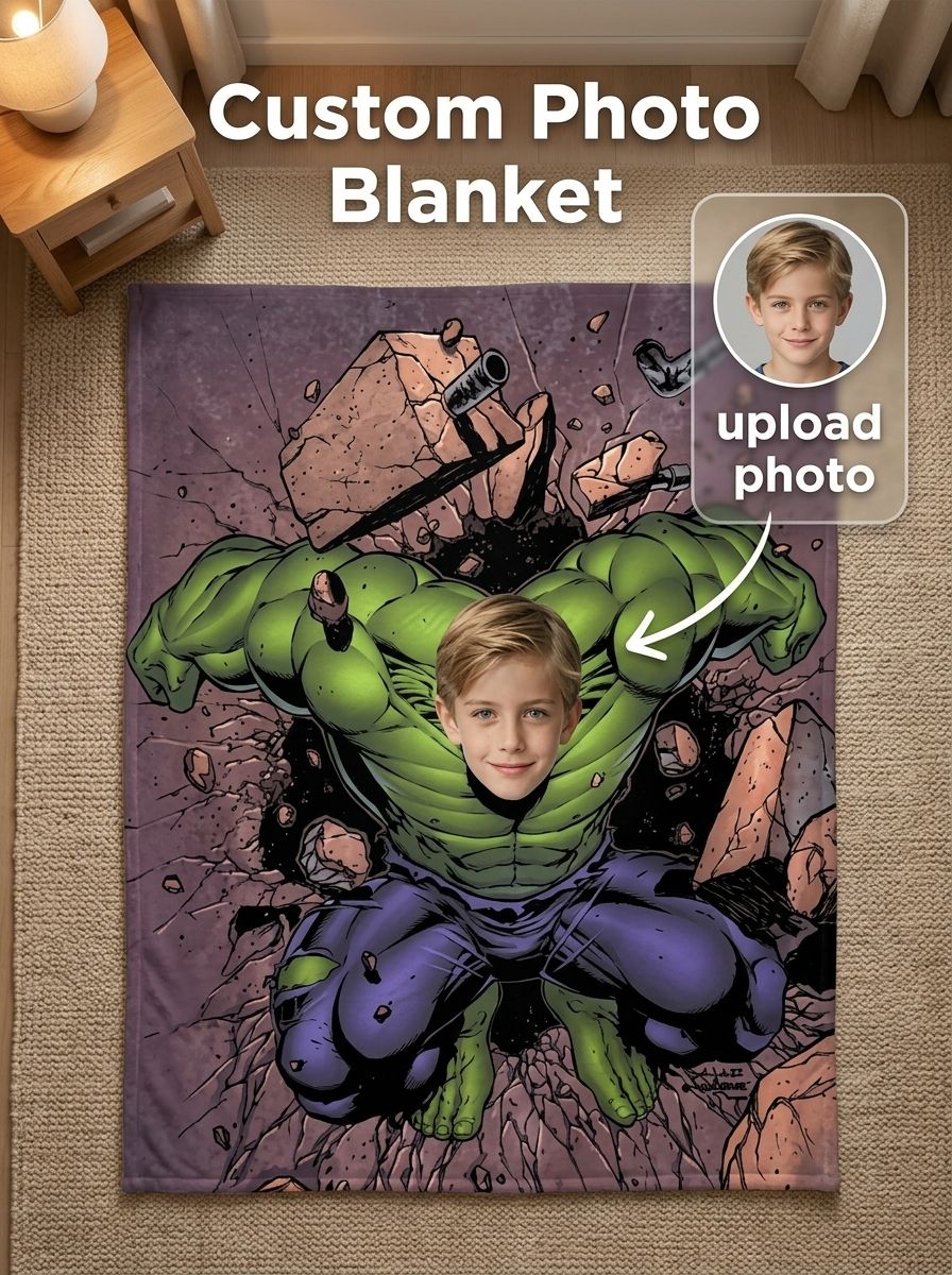 Personalized Photo Face Superhero Flannel Blanket, Ultra Soft Anti-Pilling Fleece Throw, Custom Keepsake Gift for Kids