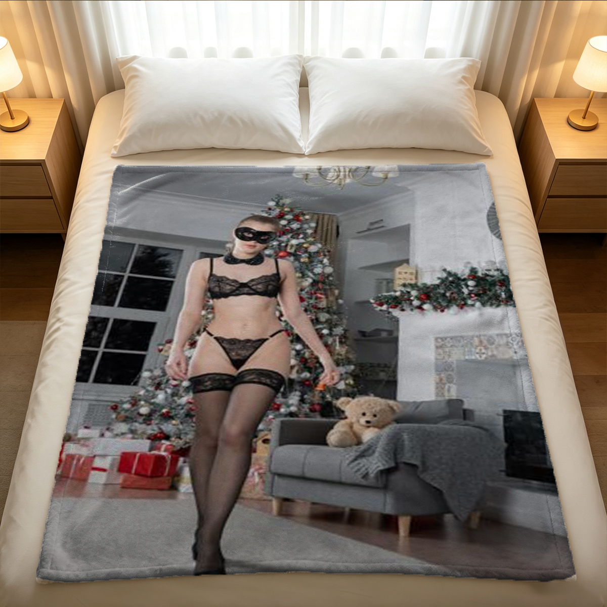 Nude Model in Leopard Bikini Posing on Sofa - Blanket