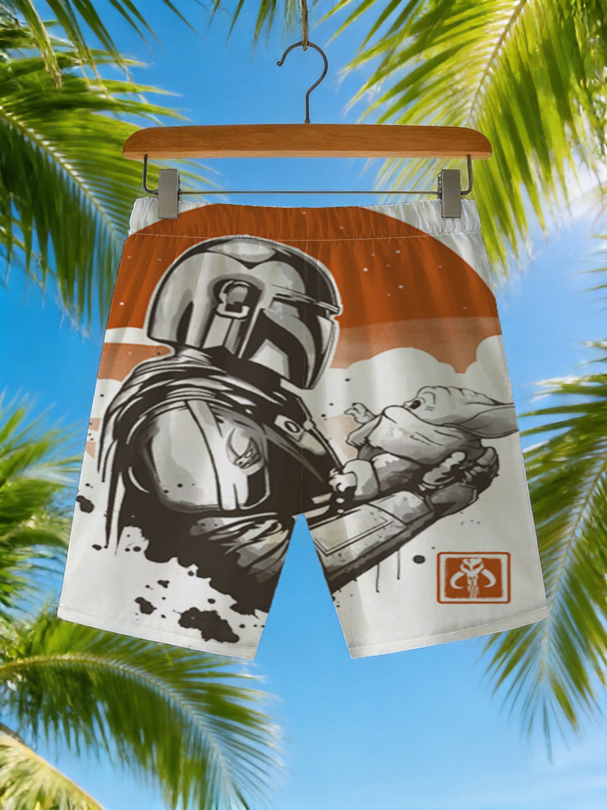 The Mandalorian and Grogu under a twin suns sky -  Beach shorts