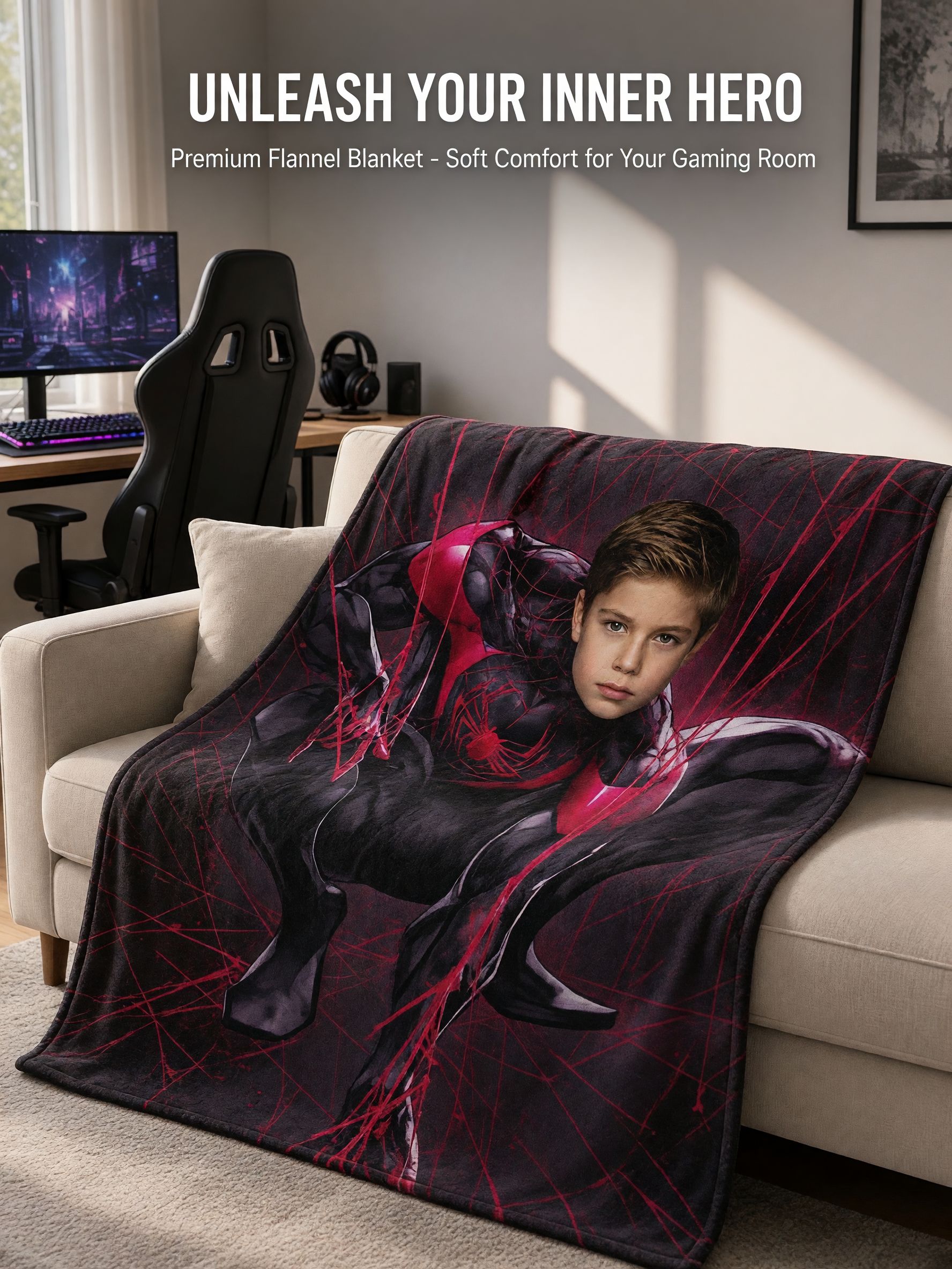 Custom Face Superhero Flannel Blanket, Personalized Photo Throw for Kids, Cozy Soft Plush Bed and Couch Fleece Cover