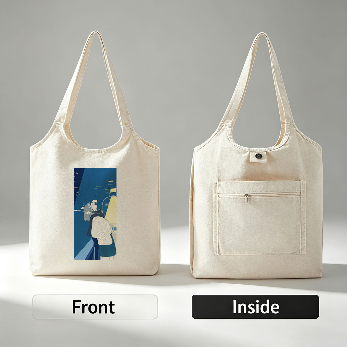 Anime Character in Winter Coat Breathing Steam Against City Night Sky - Canvas shoulder bags/