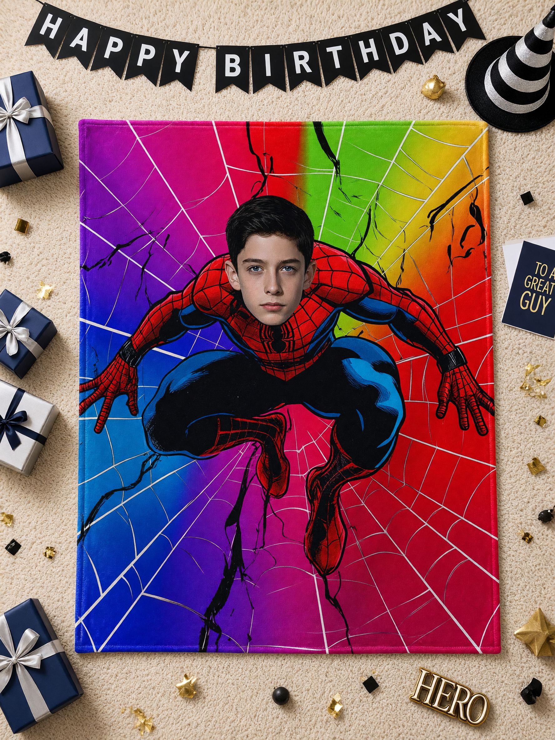 Custom Face Superhero Flannel Fleece Blanket, Personalized Photo Rainbow Throw, Ideal Cozy Gift for Kids and Adults