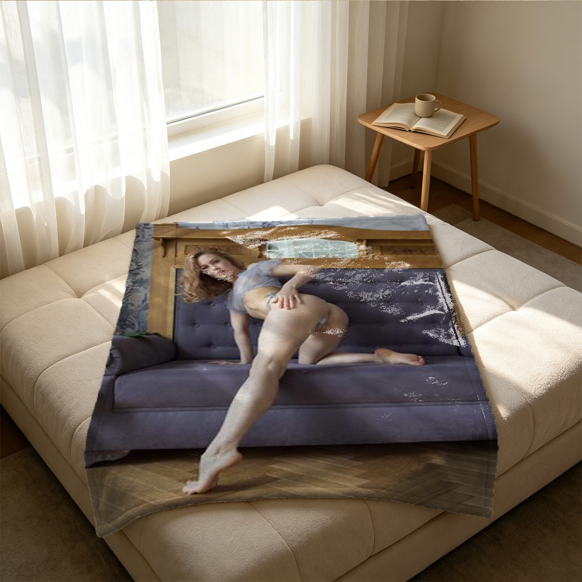 Nude Japanese girl with pigtails covered in soap suds by window - Blanket