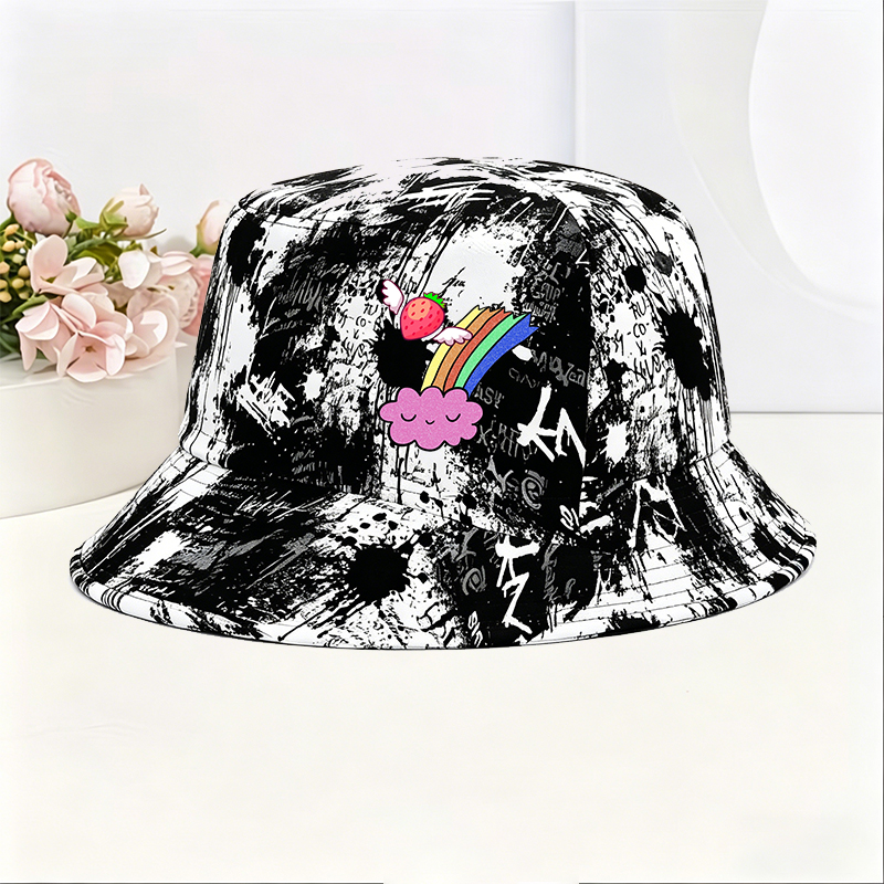 Unisex Classic Graffiti Bucket Hat with Flying Strawberry Rainbow Cloud Print | Cute Streetwear Sun Hat for Outdoor Activities, Travel, and Casual Wear | Perfect for Teens, Young Adults, and Trendy Fashion Lovers