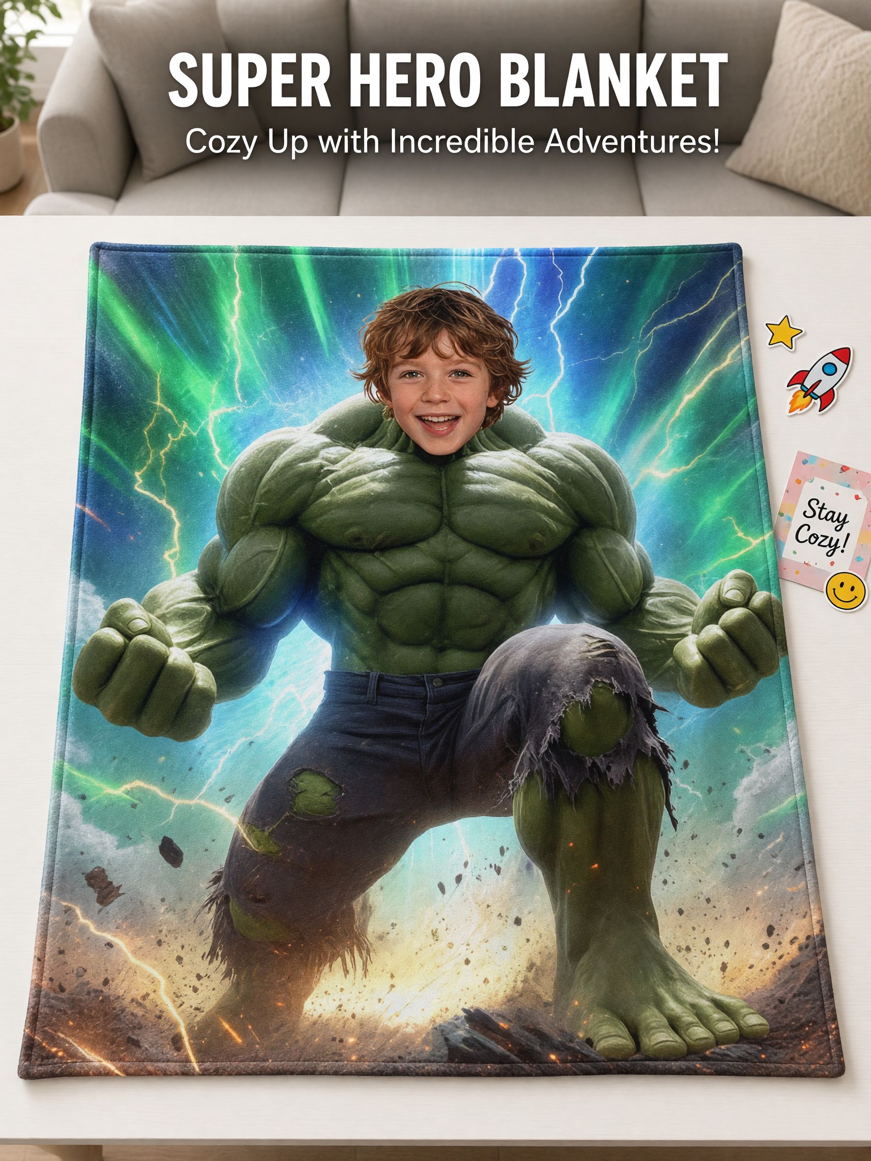 Custom Face Superhero Flannel Blanket, Personalized Photo Plush Throw for Kids and Adults, Cozy Novelty Gift