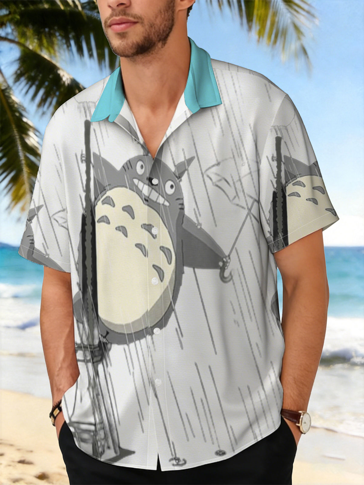 Totoro in the Rain with Umbrella and Streetlamp -  Shirt