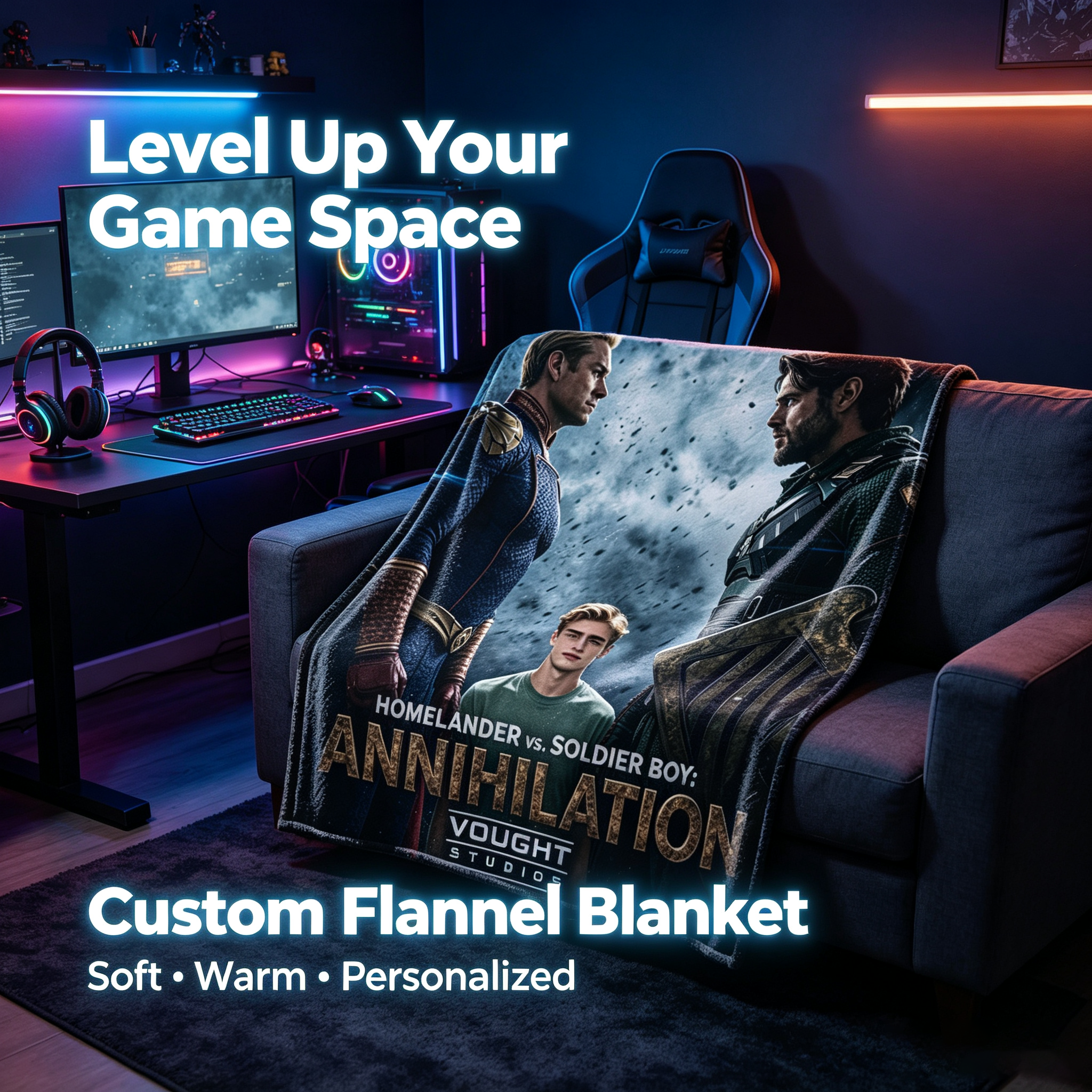 Custom Face Blanket The Boys Homelander vs Soldier Boy Annihilation Flannel Blanket for Fans Movie Poster Design Cozy Bedding Gift or Giveaway