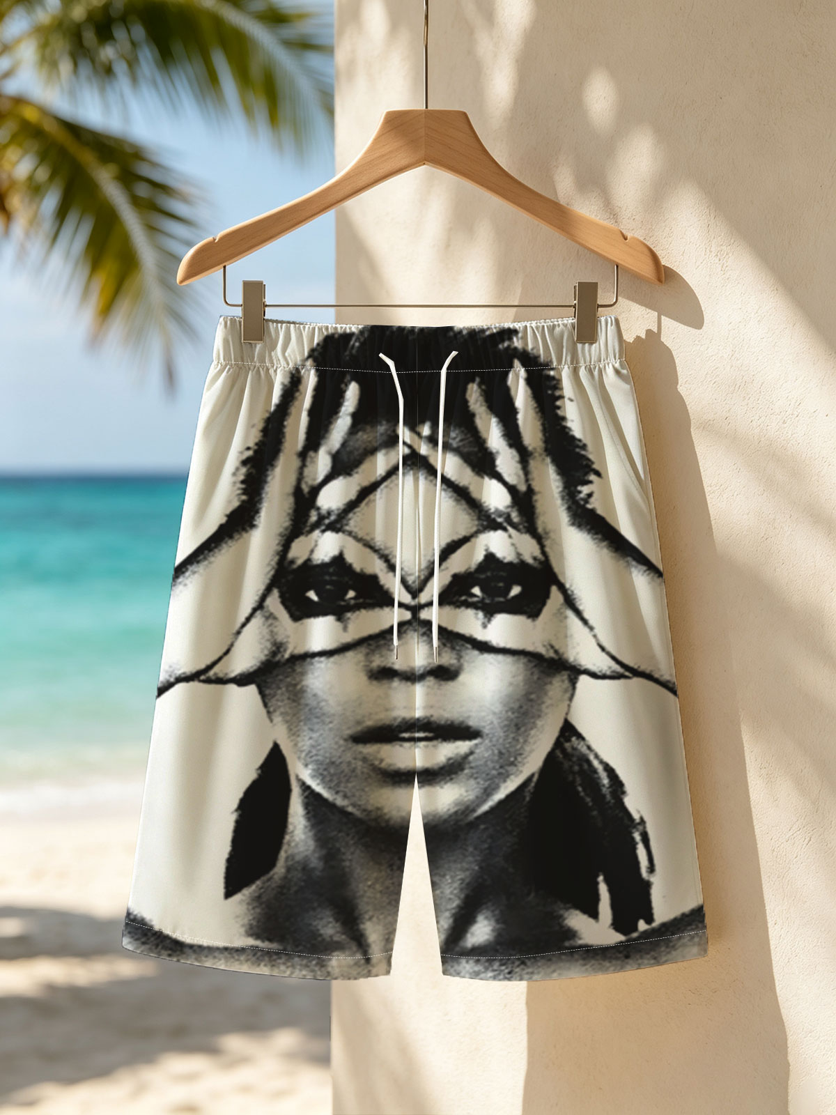 Woman with Hands Forming X Over Eyes, Dramatic Makeup, Black and White Portrait -  Beach shorts