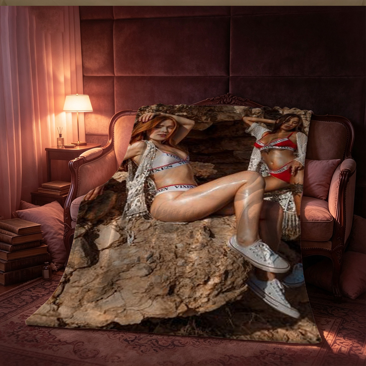 A young woman in a white sailor-style crop top and panties with thigh-high white socks, posing seductively with one leg raised high against a wall-mounted TV. - Blanket