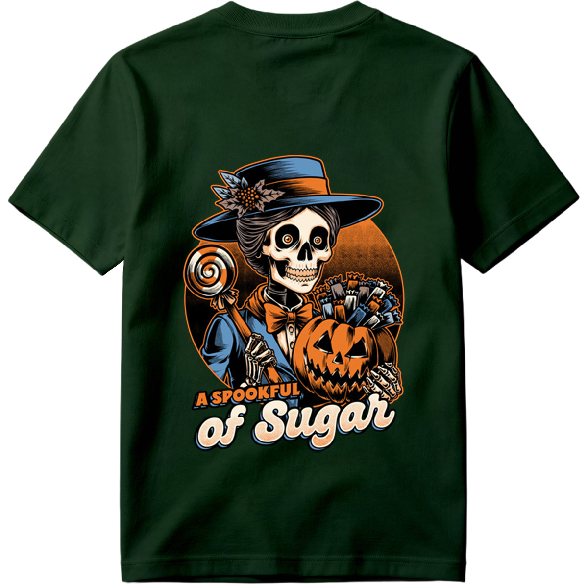 A Spookful of Sugar: Skeleton Lady with Pumpkin and Candy - Tee