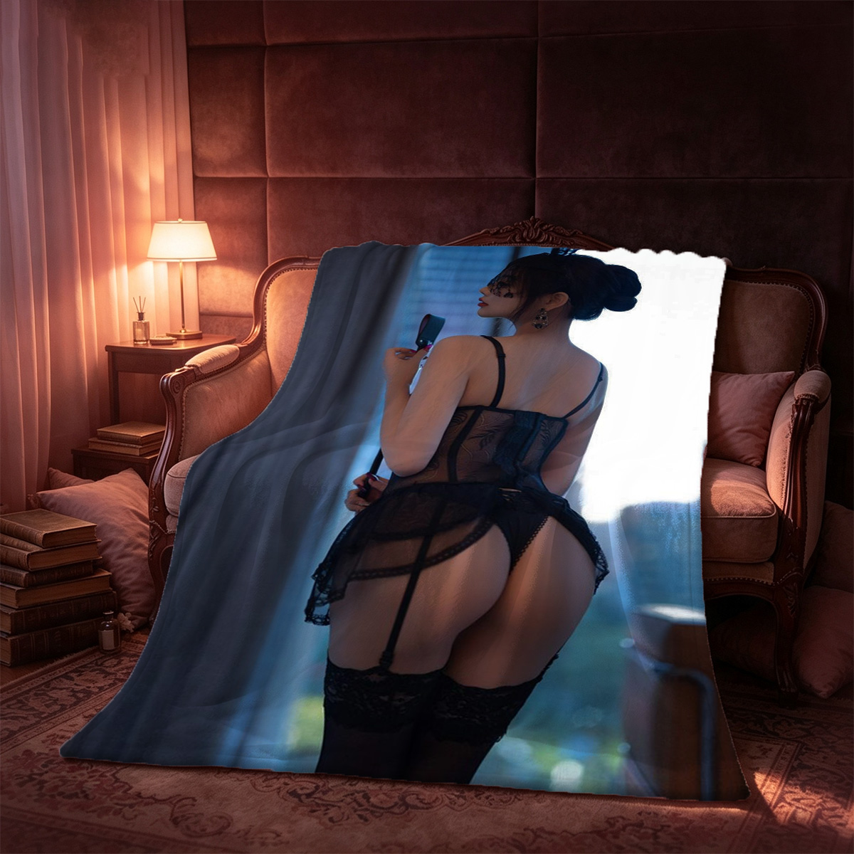 Redhead in red stockings whipped by brunette in black lingerie. - Blanket