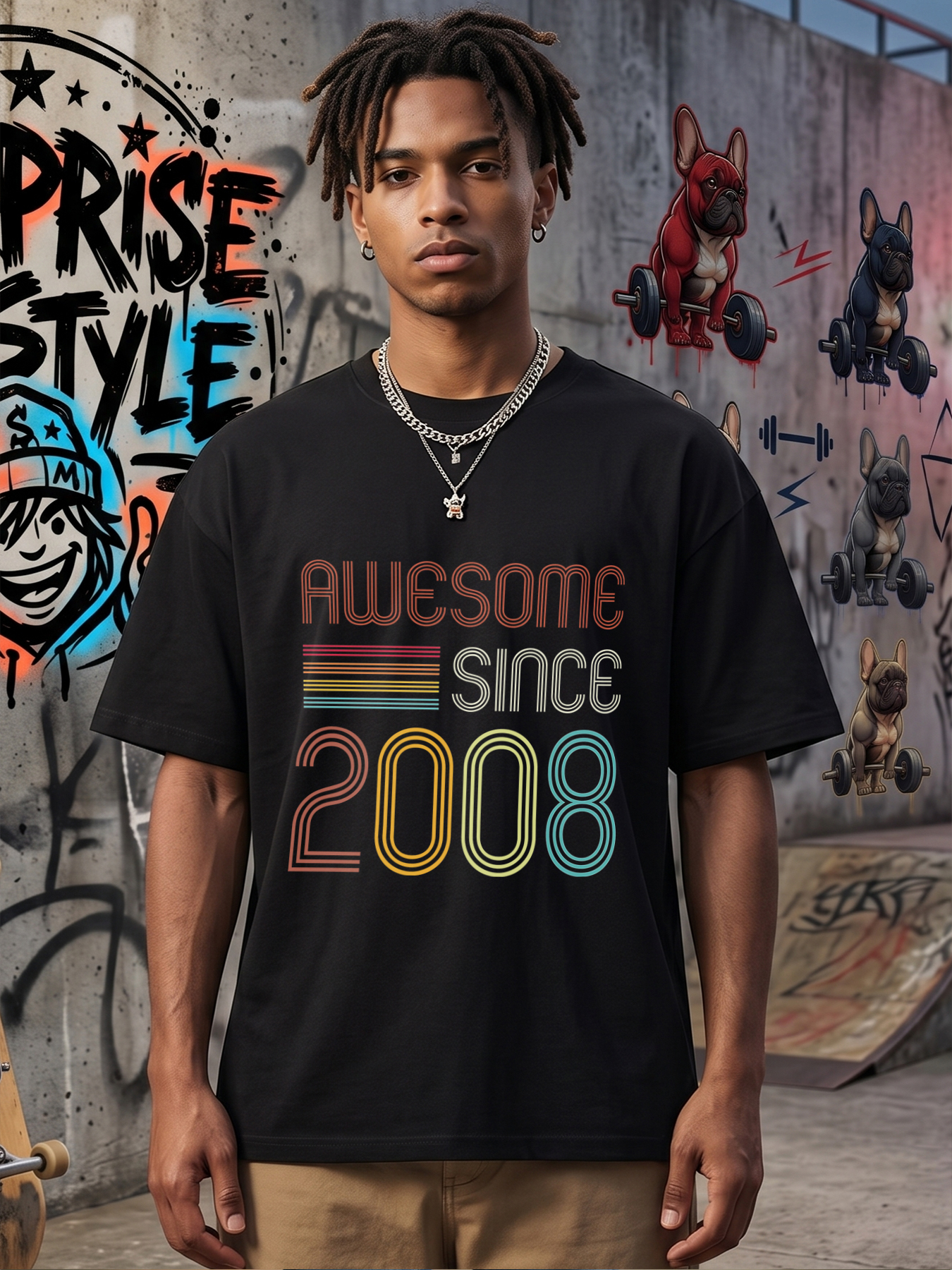 Men's Printed T-Shirt Awesome Since 2008 Retro Rainbow Stripe Design Casual Round Neck Summer Lightweight Breathable Short Sleeve Tee for Everyday Wear, Birthday Gift, Party Outfit, Adult Unisex Style