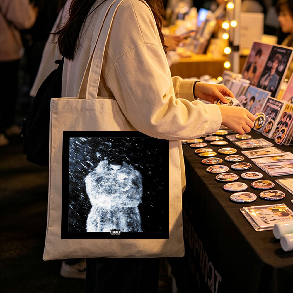The Weeknd in Snowstorm - Artist Wrapped in Fur Coat Amid Heavy Snowfall - Canvas tote bags